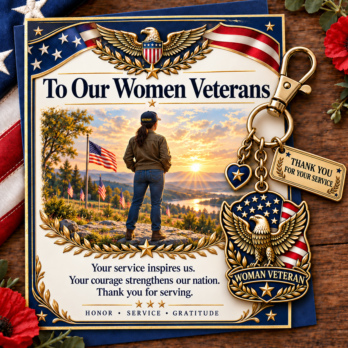 "Thank You For Your Service" Patriotic Veteran Keychain with Appreciation Card
